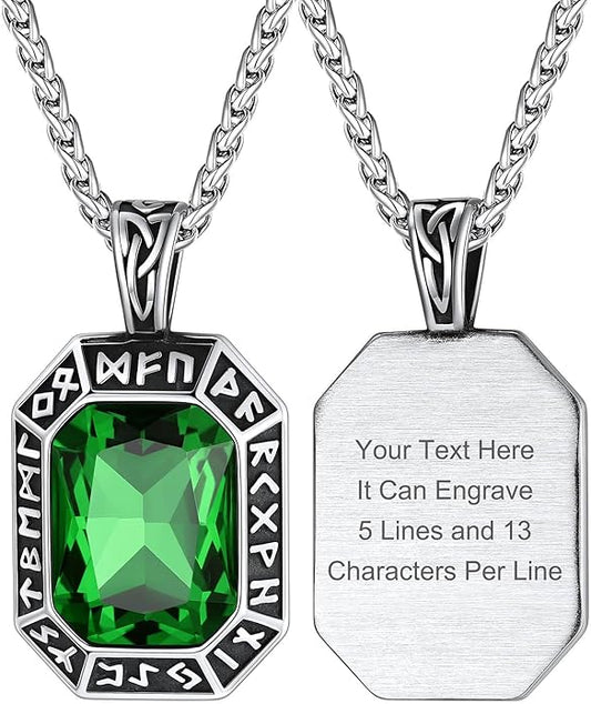 ChainsHouse Viking Rune Pendant Necklace for Men Women, Punk Biker Black Metal/316L Stainless Steel Onyx Norse Vintage Amulet Necklaces with Black/Red/Green/Blue Gemstone, Send Gift Box