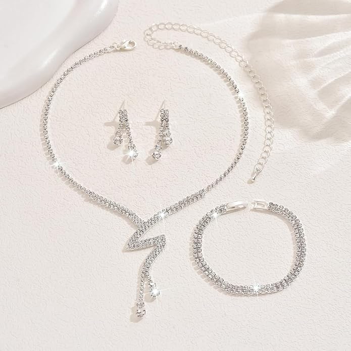 MIFYNN Rhinestone Wedding Set for Women Sparkle Crystal Earrings Necklace Bracelet Jewelry Set Wedding Party Prom Jewelry Set for Brides Bridesmaid