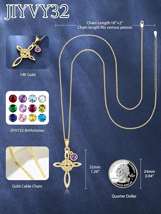Witches Knot Necklace for Women, 14K Gold Celtic Knot Cross Jewelry with Triquetra Trinity with Birthstone Pendant, Birthday Witchy Spiritual Gifts for Her Wife Mom Grandma, 18+2 Inch Chain