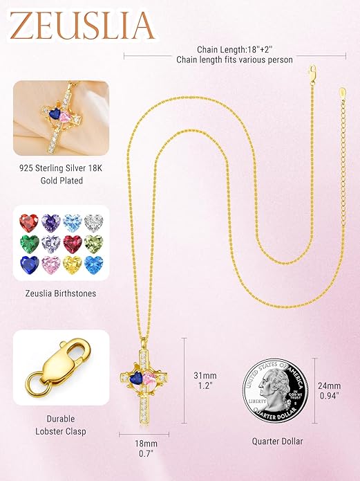 Zeuslia Double Birthstone Necklace Gifts for Wife - 925 Sterling Silver Sunflower/Rose/Crown Cross/Compass/Heart Pendant I Love You Necklace, Anniversary Birthday Gifts for Wife Girlfriend Mom Her