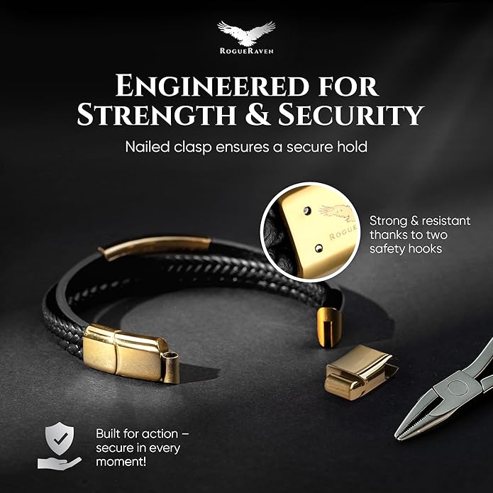 RogueRaven Black Leather Bracelet for Men – Premium Collection – Brown Black Gold Silver | Genuine Leather Mens Bracelet with Stainless Steel Clasp [Adjustable] | In Luxury Gift Box