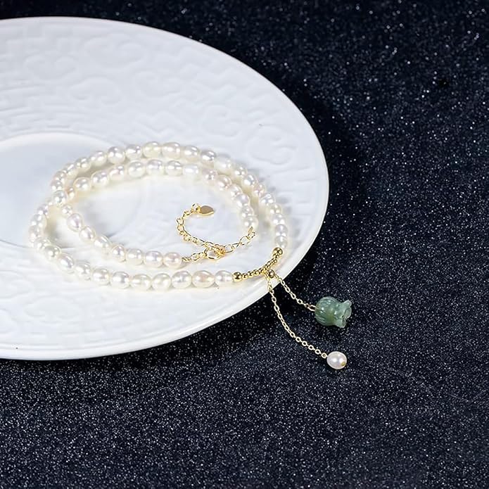 14K Gold Jade Orchid Necklace, Freshwater Pearl Beaded Clavicle Necklace, Mother's Day, Birthday Gift for Mother, Wife, Girlfriend