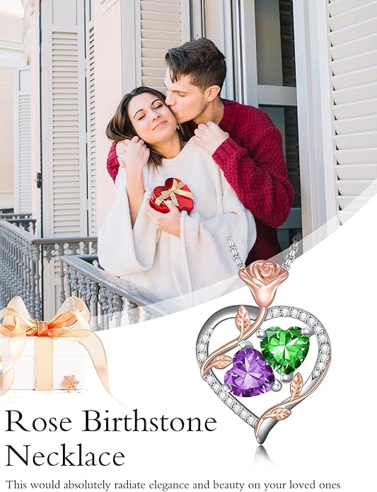 Christmas Gifts for Women Rose Heart Birthstone Pendant Necklace I Love You Forever Jewelry Valentine Mothers Day Birthday Gifts for Women Her Wife Girlfriend