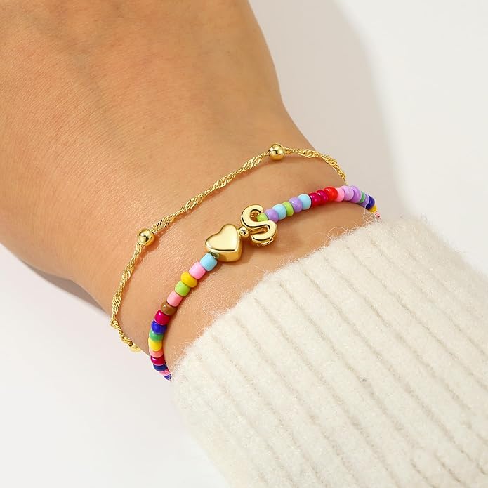 Ursteel Colorful Initial Heart Bracelets for Women - 14K Gold Plated Beaded Letter A-Z Bracelet, Layered Stretch Initial Bracelets, Women Trendy Bohemian Jewelry Birthday Gifts