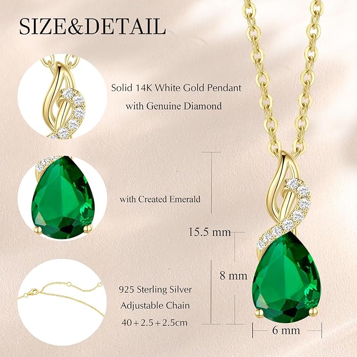 FANCIME 14K Solid Yellow Gold Teardrop Pendant with Diamond Birthstone Necklace Birthday Gifts for Mom Women, Sterling Silver Chain 16" + 2" Extender