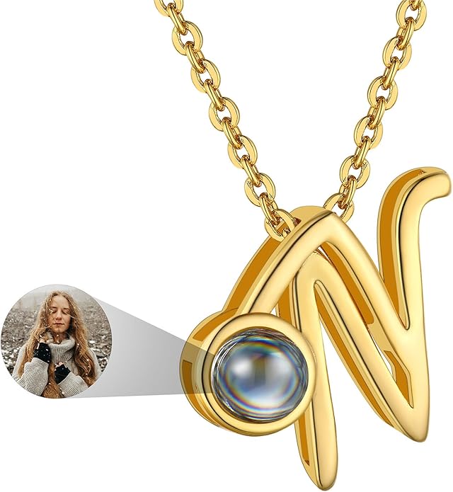 Custom4U Personalized Initial Picture Necklace for Women, Projection Necklace with Picture Inside, Gold/Silver Letter Pendant Necklace, Custom Photo Gifts for Mom Wife Birthday Valentines