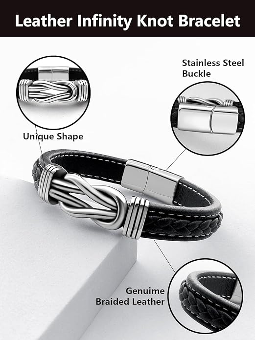 Mens Black Braided Leather Bracelet, Green/Red/Brown/Black Braided Leather Infinity Knot Bracelets for Men with Stainless Steel Clasp, 7.5/8.5/9in Length