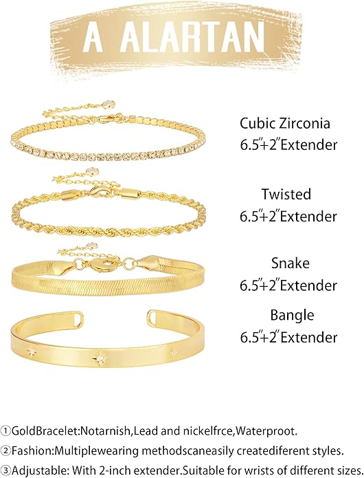 Gold Bracelets for Women 14K Gold Plated Stack Trend Bracelets Charm Paperclip Chain Cuban Link Layered Waterproof Bracelet Dainty Bracelet for Women Jewelry Gifts
