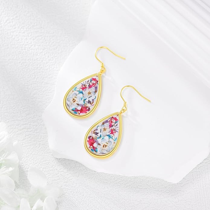 YFN Forget Me Not Earrings Sterling Silver Vintage Pressed Flower Forget Me Not Dangle Drop Earrings Floral Jewelry Gifts For Women