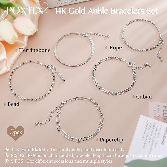 Sterling Silver Anklet Bracelets for Women Waterproof, 925 Sliver Plated CZ & Heart Charm Dainty Layer Anklets for Women Trendy, Simple Chain Anklets Set Gifts for Women, Jewelry Gifts for Her Women Mom Wife Girlfriend