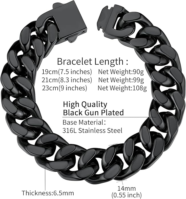 ChainsHouse Stainless Steel Cuban Link Bracelet for Men, 5mm/7mm/9mm/12mm Width, 7.5"/8.3"/9" Length, Black/18K Gold Plated Chain Wrist Bracelets for Men, with Gift Box