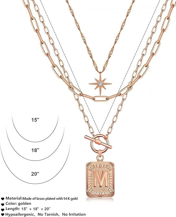MJartoria Layered Initial Necklaces for Women Trendy, 14K Gold Plated Brass Simple Star Choker Square Letter Pendant Necklace, Paperclip Chain Necklaces Jewelry Gifts