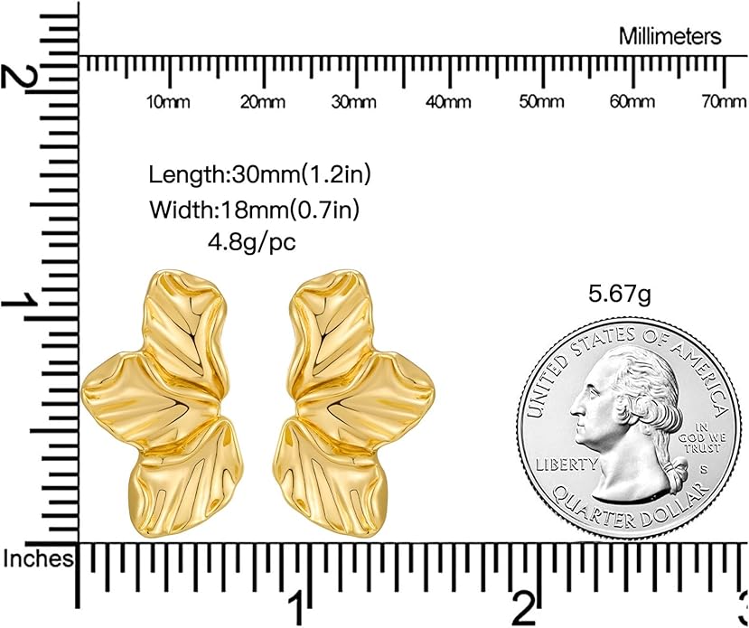 Chunky Gold Statement Earrings For Women Gold Plated Sectored Flower Leaf Shell Angel Wing Earrings Large Stud Earrings Hypoallergenic Earrings