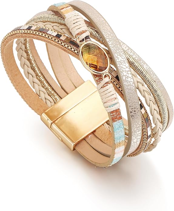 Edoneery Leather Wrap Bracelet for Women, Boho Handmade Multi-Layer Cuff with Crystal Beads Heart, Stackable Bangle Western Jewelry Gift