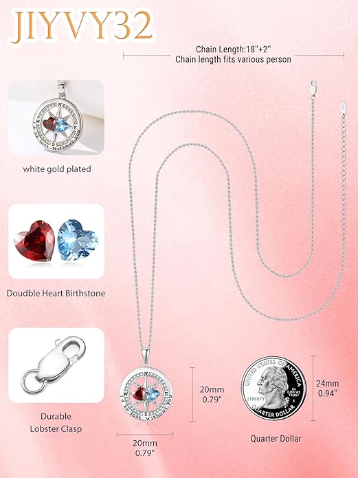 Compass Birthstones Necklace for Women, Exquisite Anniversary Birthday Gifts for Wife Her Double Birthstone Pendant jewelry ‘I'd be Lost Without You’