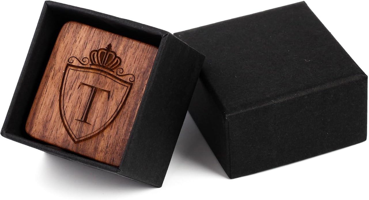 Mens Initial Silver Cufflinks A-Z Alphabet Letter Steel Cuff Links with Engraved Walnut Wood Box Groom Groomsman Wedding Set…