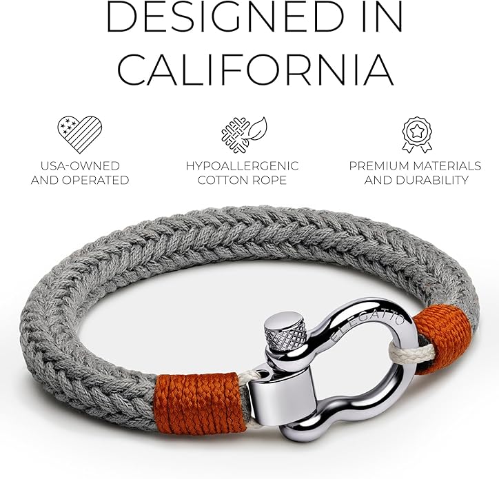 Elegatto Orion Premium Rope Bracelet for Men | Natural Cotton Finish and Sterling Silver Polished Stainless Steel Horseshoe Shackle Closure | Men’s Designer Bracelets