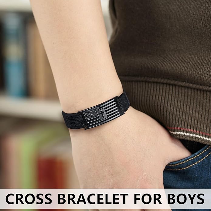 LDOWWGL Valentines Day Gifts - Mens Bracelet - American Flag Christian Cross Bracelet for Boys - Adjustable Black Elastic Stretch Strap with Bible Verse - Gift for Son Grandson