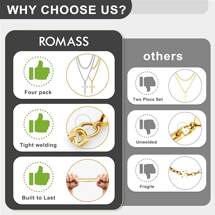 Romass 4Pcs Cross Necklace for Men,Stainless Steel Chains for Men Layered Necklaces Silver Gold Black Pendant Jewelry Box Gifts 18-24 Inches