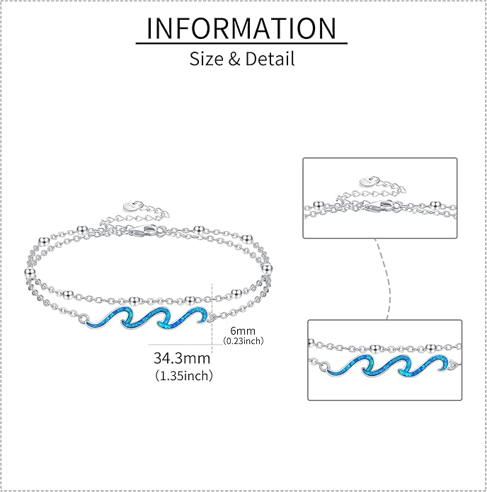 YFN Wave Anklet 925 Sterling Silver Ocean Wave Layered Ankle Bracelet Wave Beach Jewelry for Women Gifts