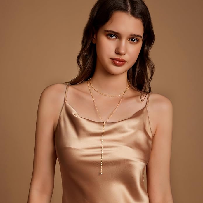 Zeffy Lariat Gold Necklace for Women, Dainty Long Necklace 14k Gold/Silver Plated Layered CZ Beaded Bar Chain Y-Shaped Body Chain Stack Drop Wedding Necklace Trendy Simple Gold Jewelry Gifts