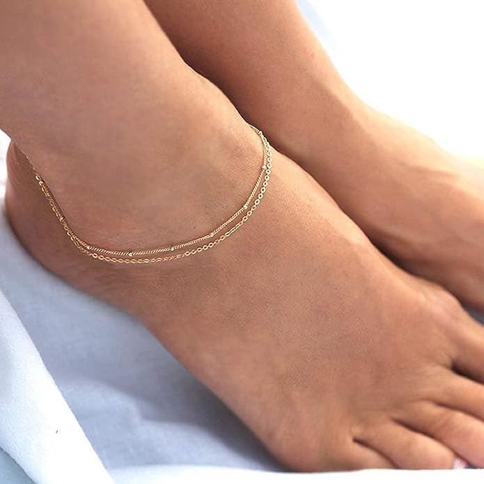Pencros Dainty Layered Anklet,14K Gold Filled Cute Beads Satellite Chain Heart Boho Adjustable Anklets for Women
