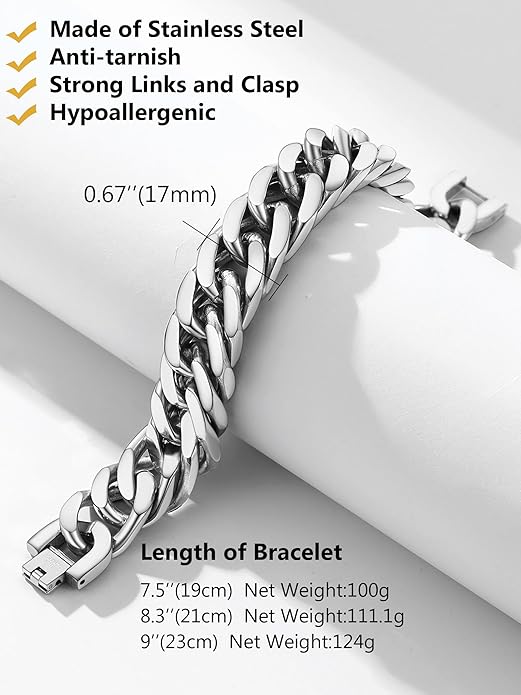 8/12/17mm Wide Cuban Link Bracelet for Men Father Gift 18K Gold/Black Plated Stainless Steel Bracelets 7.4-9 Inches(Gift Wrapped)