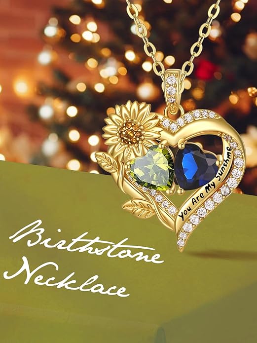 Sunflower Heart Necklace for Women 14K Gold Exquisite Anniversary Birthday Gifts for Wife Mother Her Double Birthstone Pendant jewelry‘You Are My Sunshine’