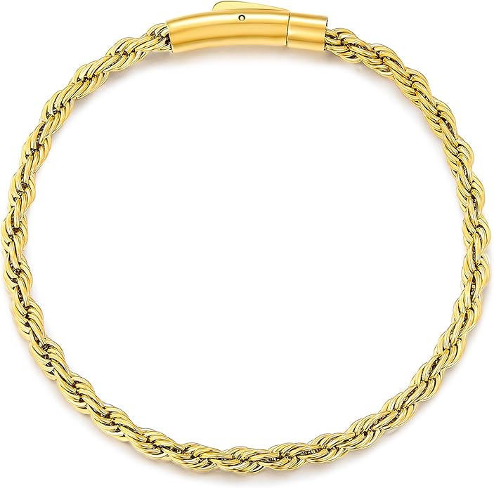 Men's 18K Gold Filled Bracelet - 8 Inch Rope Chain Bracelet with Easy-On Bayonet Clasp, Jewelry Box Included, Anniversary Birthday Gift for Men - Hypoallergenic Non-Tarnish, 4mm, Hip-Hop Accessory