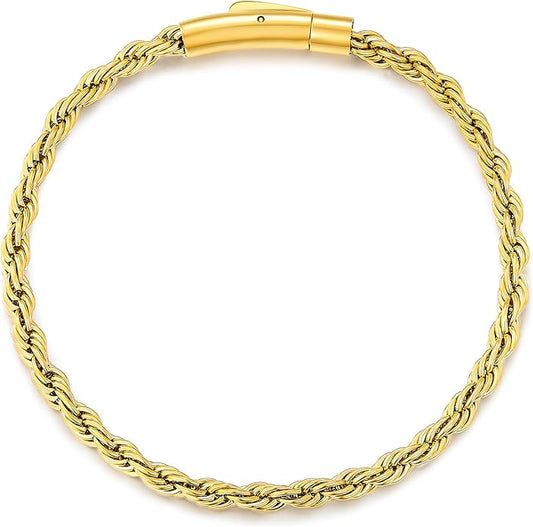 Men's 18K Gold Filled Bracelet - 8 Inch Rope Chain Bracelet with Easy-On Bayonet Clasp, Jewelry Box Included, Anniversary Birthday Gift for Men - Hypoallergenic Non-Tarnish, 4mm, Hip-Hop Accessory