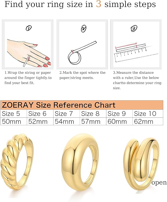 ZOERAY Chunky Gold Rings for Women Non Tarnish Trendy 14k Gold Plated Adjustable Signet Band Stackable Thumb Ring Set Open Twist Dome Statement Stacking Rings Jewelry Gifts for Women Size 5-10