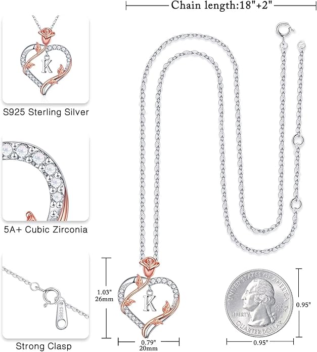 Iefil Rose Heart Necklaces Gifts for Women - 925 Sterling Silver Heart Initial Necklace, Anniversary Birthday Gifts for Women, Jewelry Gift for Wife Wife Girlfriend Mom