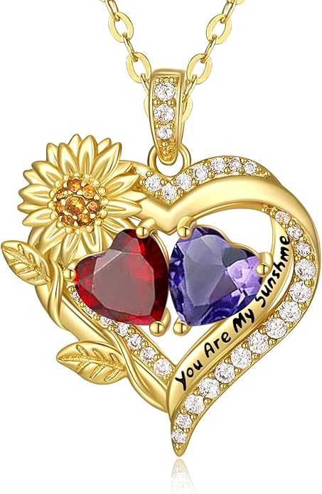 Sunflower Heart Necklace for Women 14K Gold Exquisite Anniversary Birthday Gifts for Wife Mother Her Double Birthstone Pendant jewelry‘You Are My Sunshine’