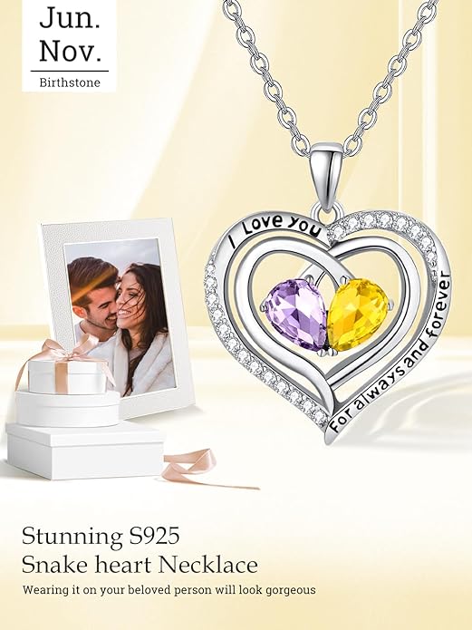 Zeuslia Double Birthstone Necklace Gifts for Wife - 925 Sterling Silver Sunflower/Rose/Crown Cross/Compass/Heart Pendant I Love You Necklace, Anniversary Birthday Gifts for Wife Girlfriend Mom Her