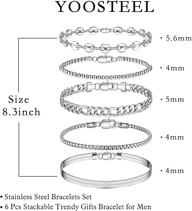 Yoosteel Mens Bracelets - Silver Chain Bracelet Stainless Steel Cuban Link Stack Bracelets Sturdy Rope Paperclip Chains Set 7.5/8.3/9 inches Trendy Jewelry for Men