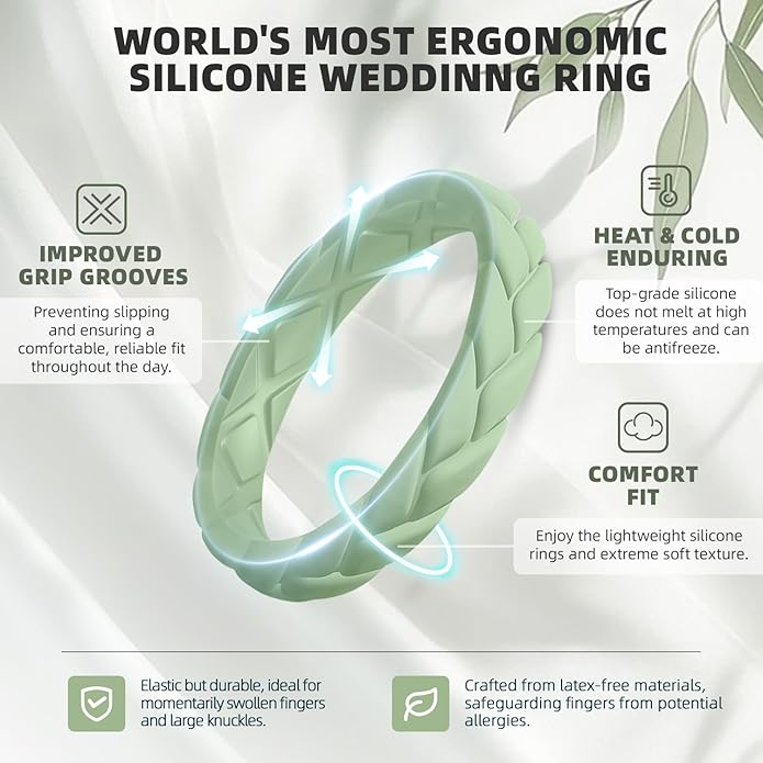 Egnaro Women's Silicone Stackable Rings 3.5mm Wide 2mm Thick, Rubber Flexible Hypoallergenic Wedding Bands For Workout Leaf Braided Fashion