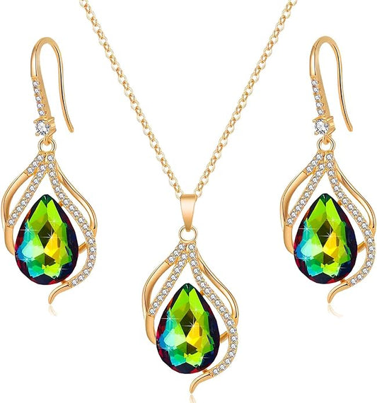 EVEVIC Austrian Crystals Teardrop Hollow Twisted Pendant Necklace Earrings for Women 14K Gold Plated Halo Drop Dangle Earrings Hypoallergenic Jewelry Set