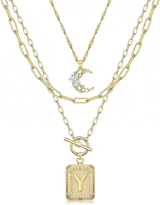MJartoria Layered Initial Necklaces for Women Trendy, 14K Gold Plated Brass Simple Moon Choker Square Letter Pendant Necklace, Paperclip Chain Necklaces Jewelry Gifts