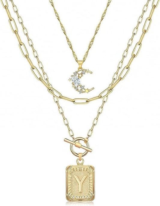 MJartoria Layered Initial Necklaces for Women Trendy, 14K Gold Plated Brass Simple Moon Choker Square Letter Pendant Necklace, Paperclip Chain Necklaces Jewelry Gifts