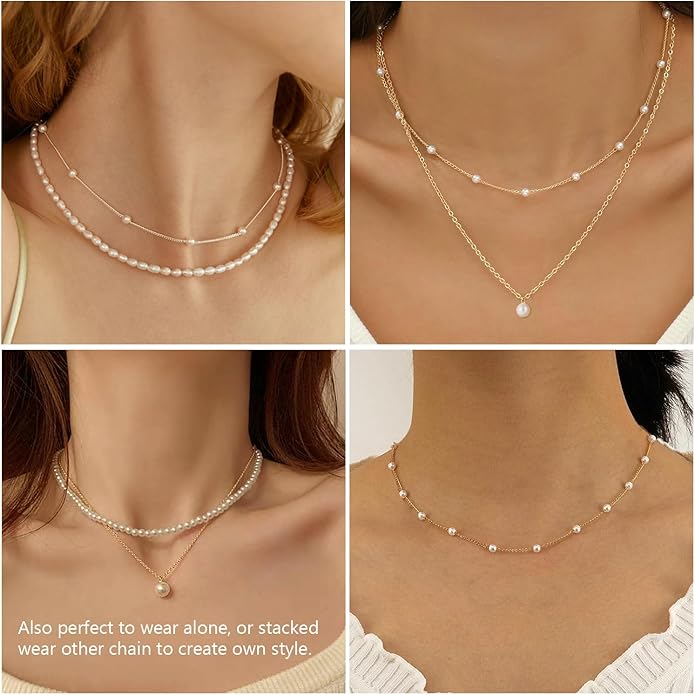 DIBOLA Gold Jewelry Set for Women, Dainty Layered 14K Gold/Silver Pearl Choker Necklaces and Earring Set Pearl Earrings Bracelets Wedding Bride Jewelry