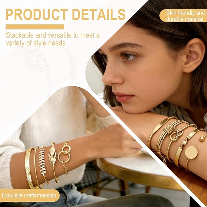 Vocect 10 Pcs Stackable Gold Bracelets for Women Set, 14K Gold Plated Mixed Style Bracelet Set Adjustable Paperclip Chain Cuban Link Beaded Cuff Waterproof Jewelry Sets for Layering Fashion Gifts
