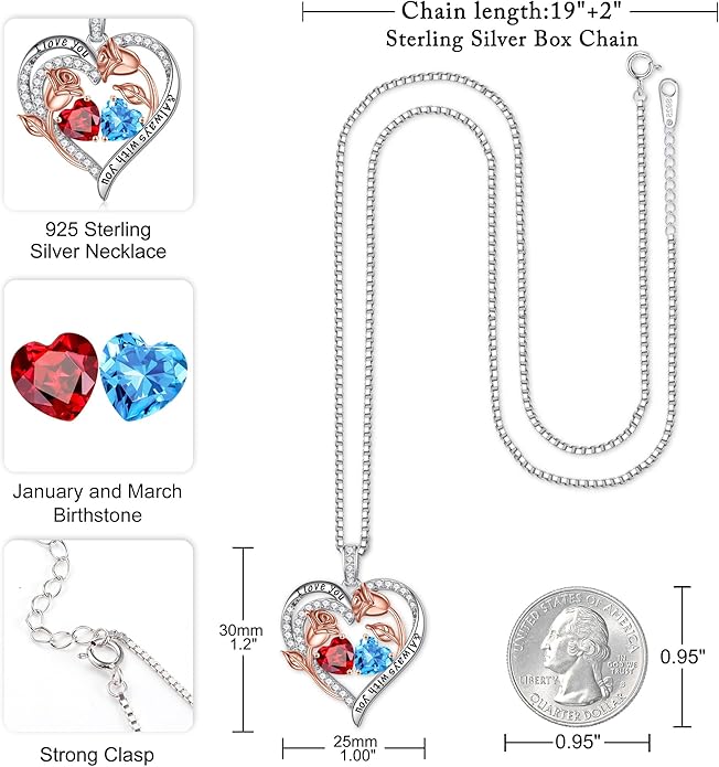 Iefil Birthstone Necklace for Women - 925 Sterling Silver Rose Heart Birthstone Necklace Birthday Anniversary Jewelry Gifts for Her Wife Mom Daughter