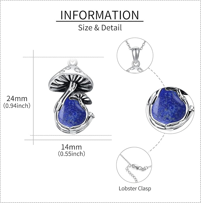 YAFEINI Mushroom Necklace Moonstone/Moss Agate/Malachite/Labradorite/Turquoise/Amber/Larimar/Black Onyx/Lapis Lazuli/Peridot/Opal Sterling Silver Mushroom Pendant Mother's Day Jewelry for Women Mom