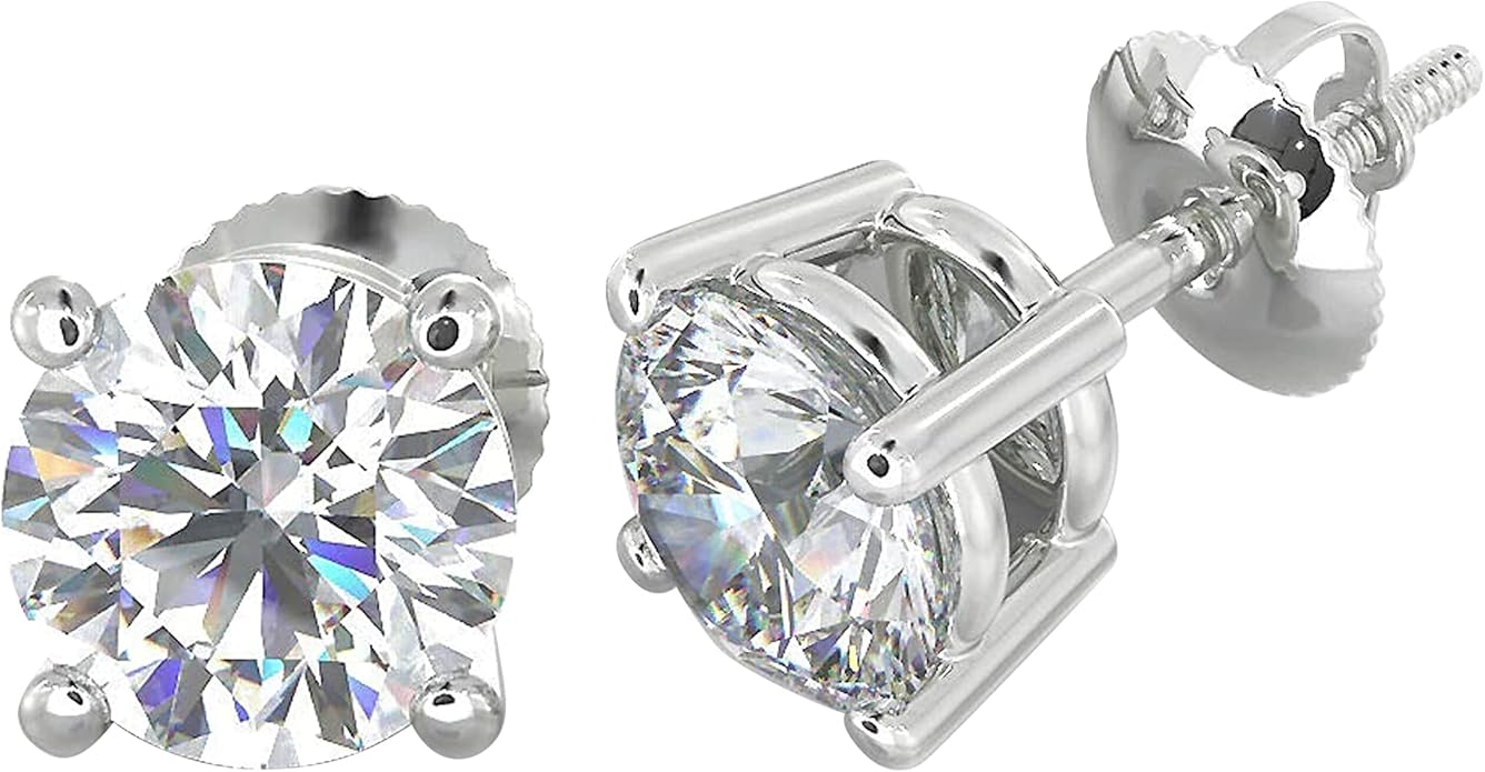 Natural Real Diamond Studs Earrings with Secure Screw Back for Women and Men, 14K Gold Round-Cut Diamond Stud Earrings