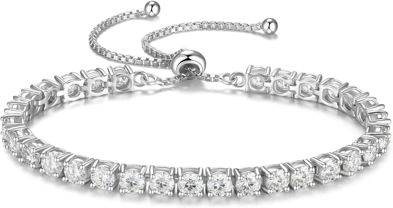 FANCIME Moissanite Tennis Bracelet 1.2ct-12ct Lab Created Moissanite Diamond Bracelets,925 Sterling Silver Adjustable Bolo Tennis Bracelets, 2/3/4/5mm D Color VVS1 Round Cut Moissanite Bracelet for Women