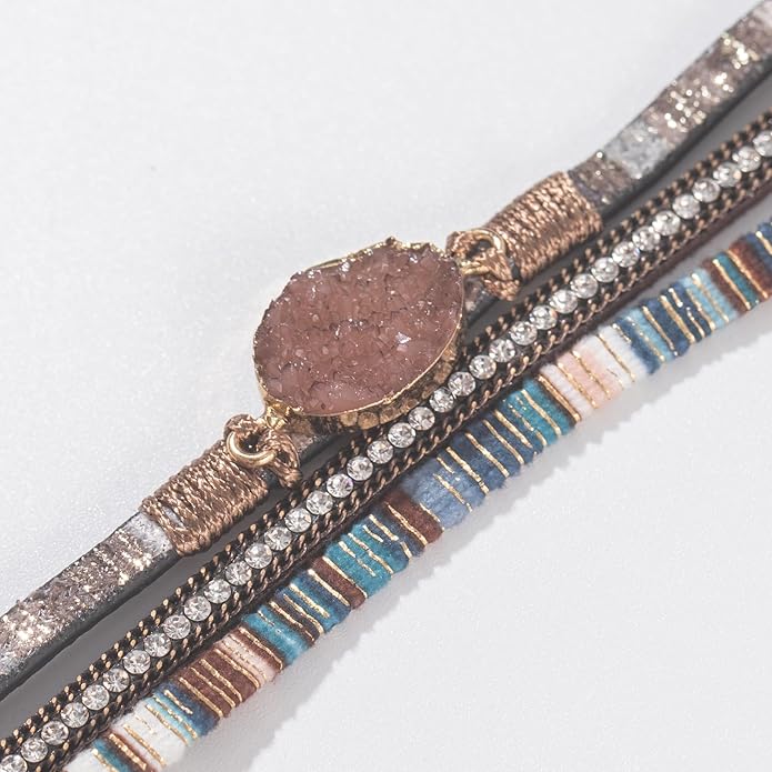 FANCY SHINY Leather Wrap Bracelet Boho Cuff Bangle Bracelets Crystal Bead Bracelet with Magnetic Clasp Jewelry Gifts for Women