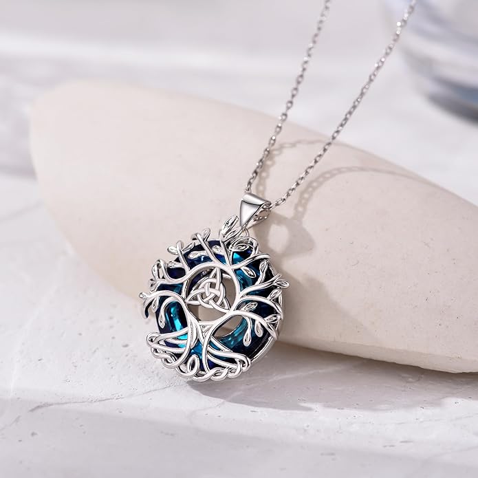Tree of Life Pendnat Sunflower/Celtic Necklace with Blue Crystal Tree Jewelry Gifts for Women