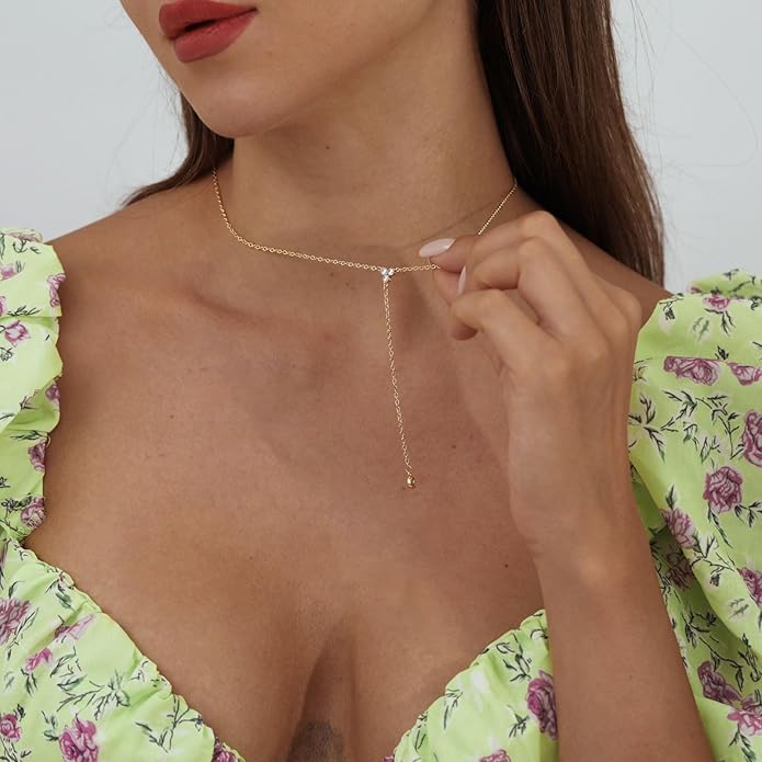 Gold Y Necklace for Women 14K Gold Plated Y-Shaped Drop Necklaces CZ Long Necklace Cubic Zirconia Pendant Layered Long Lariat Necklace Women Jewelry