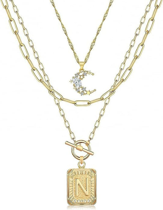 MJartoria Layered Initial Necklaces for Women Trendy, 14K Gold Plated Brass Simple Moon Choker Square Letter Pendant Necklace, Paperclip Chain Necklaces Jewelry Gifts