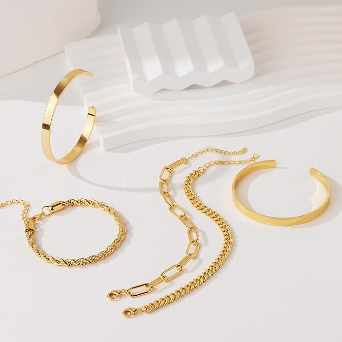 Gold Bracelets for Women Non Tarnish, 14K Gold Plated Chunky Cuff Bracelet Gold Bangles Bracelet for Women Trendy Tie Knot Cuban Rope Paperclip Beaded Bracelet Stack Jewelry Gifts